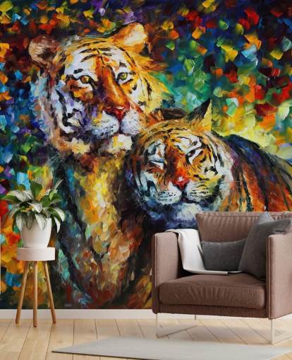 two painted tigers cuddling wallpaper