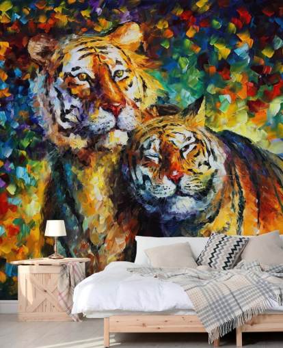 two painted tigers cuddling wallpaper