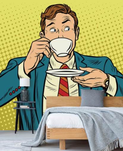 pop art man in suit drinking from a white tea cup wallpaper pop art man in suit drinking from a white tea cup wallpaper