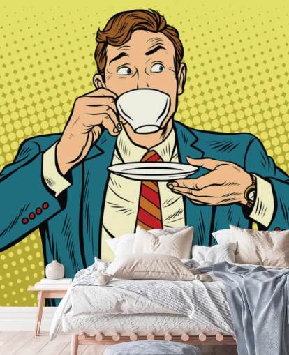 papel de parede de homem de arte pop em terno bebendo de uma xícara de chá branca