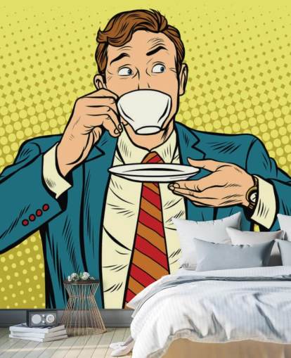 Pop-Art-Mann im Anzug trinkt aus einer weißen Teetassentapete Pop-Art-Mann im Anzug trinkt aus einer weißen Teetassentapete