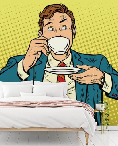 pop art man in suit drinking from a white tea cup wallpaper