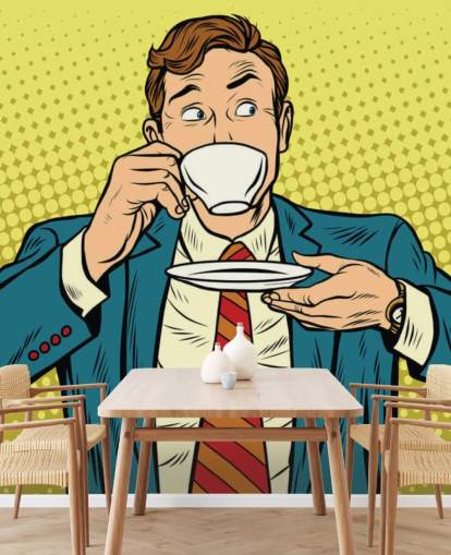 pop art man in suit drinking from a white tea cup wallpaper