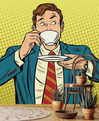 pop art man in suit drinking from a white tea cup wallpaper