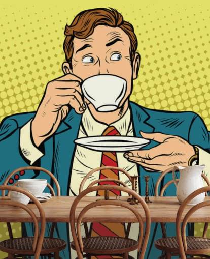 papel de parede de homem de arte pop em terno bebendo de uma xícara de chá branca