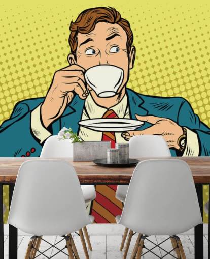 pop art man in suit drinking from a white tea cup wallpaper