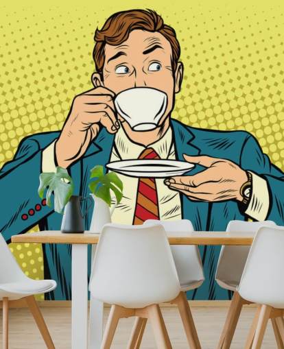 papier peint homme pop art en costume buvant dans une tasse à thé blanche papier peint homme pop art en costume buvant dans une tasse à thé blanche