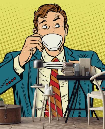 papel pintado de hombre de traje pop art bebiendo de una taza de té blanca