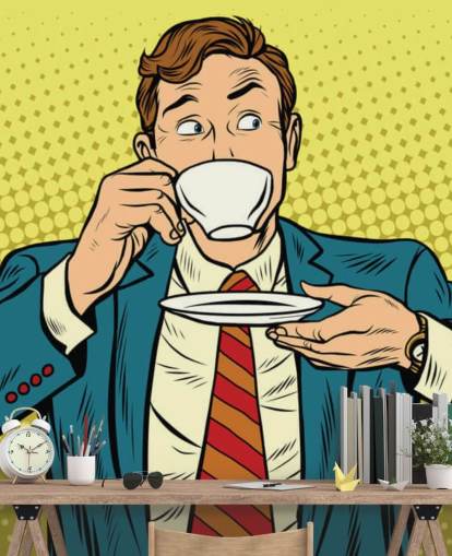 pop art man in suit drinking from a white tea cup wallpaper