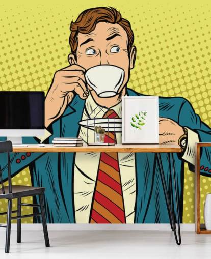 uomo pop art in giacca e cravatta che beve da una tazza di tè bianca, carta da parati uomo pop art in giacca e cravatta che beve da una tazza di tè bianca, carta da parati