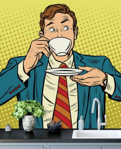 papel pintado de hombre de traje pop art bebiendo de una taza de té blanca