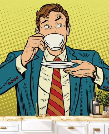 pop art man in suit drinking from a white tea cup wallpaper pop art man in suit drinking from a white tea cup wallpaper