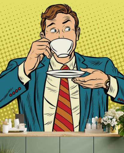 pop art man in suit drinking from a white tea cup wallpaper
