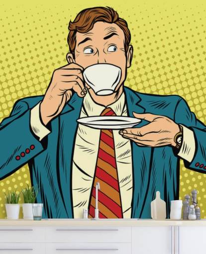 pop art man in suit drinking from a white tea cup wallpaper