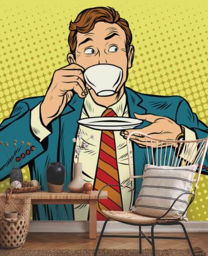 pop art man in suit drinking from a white tea cup wallpaper