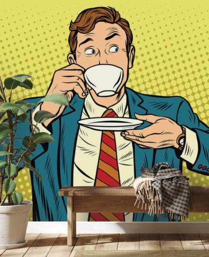 papel de parede de homem de arte pop em terno bebendo de uma xícara de chá branca papel de parede de homem de arte pop em terno bebendo de uma xícara de chá branca