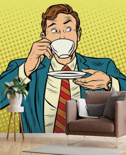 pop art man in suit drinking from a white tea cup wallpaper