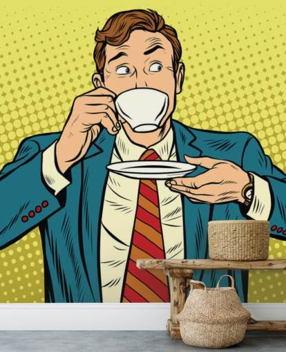 papel pintado de hombre de traje pop art bebiendo de una taza de té blanca