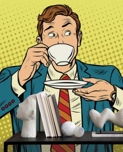 papel pintado de hombre de traje pop art bebiendo de una taza de té blanca