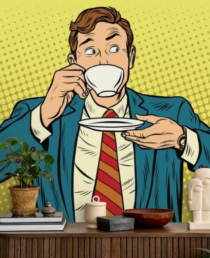 papel pintado de hombre de traje pop art bebiendo de una taza de té blanca