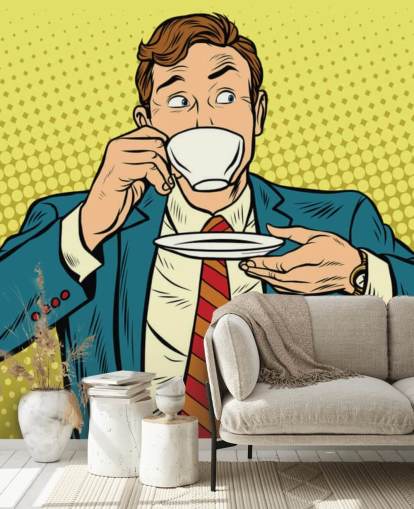 pop-art mies puvussa juo valkoisen teekupin taustakuvasta