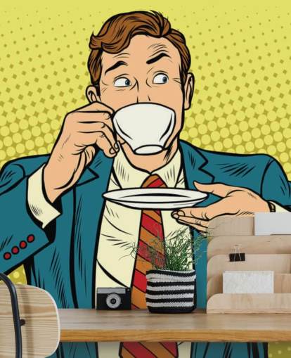 papier peint homme pop art en costume buvant dans une tasse à thé blanche