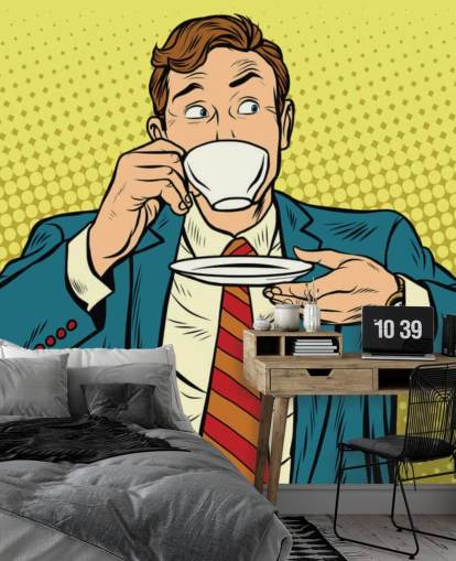 uomo pop art in giacca e cravatta che beve da una tazza di tè bianca, carta da parati