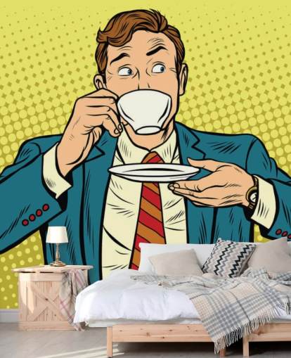 uomo pop art in giacca e cravatta che beve da una tazza di tè bianca, carta da parati