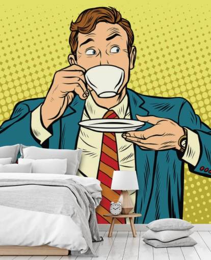 pop art man in suit drinking from a white tea cup wallpaper