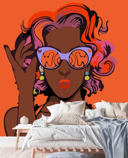 orange background, beautiful black lady with purple hair and sunglasses pop art wallpaper