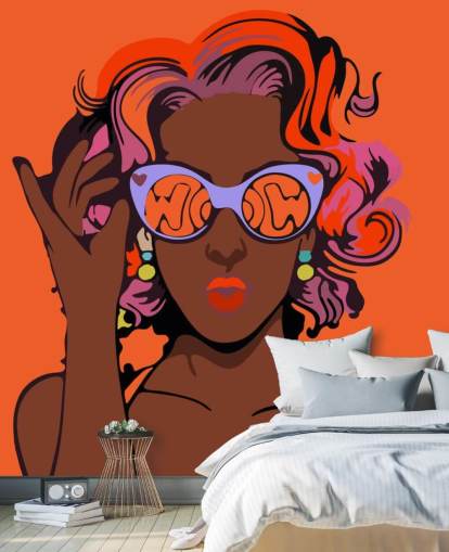 sfondo arancione, bella signora nera con capelli viola e occhiali da sole pop art carta da parati sfondo arancione, bella signora nera con capelli viola e occhiali da sole pop art carta da parati
