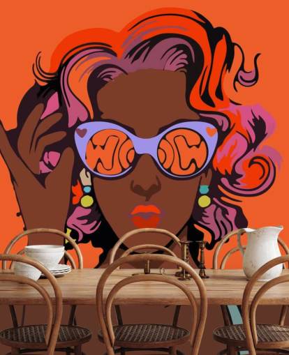 orange background, beautiful black lady with purple hair and sunglasses pop art wallpaper orange background, beautiful black lady with purple hair and sunglasses pop art wallpaper