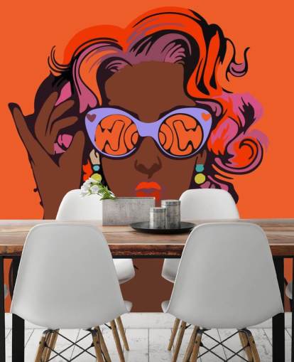 orange background, beautiful black lady with purple hair and sunglasses pop art wallpaper orange background, beautiful black lady with purple hair and sunglasses pop art wallpaper