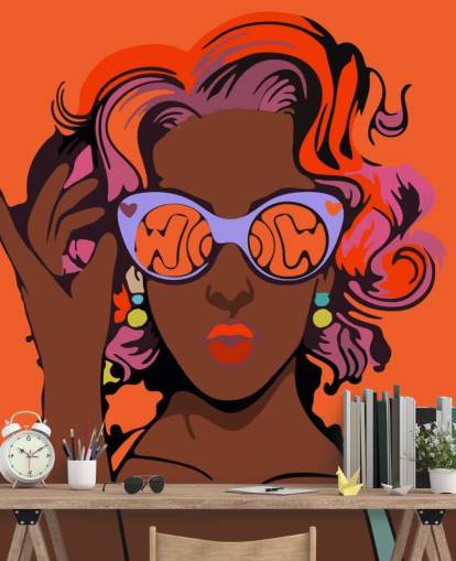 fond orange, belle dame noire aux cheveux violets et lunettes de soleil fond d'écran pop art