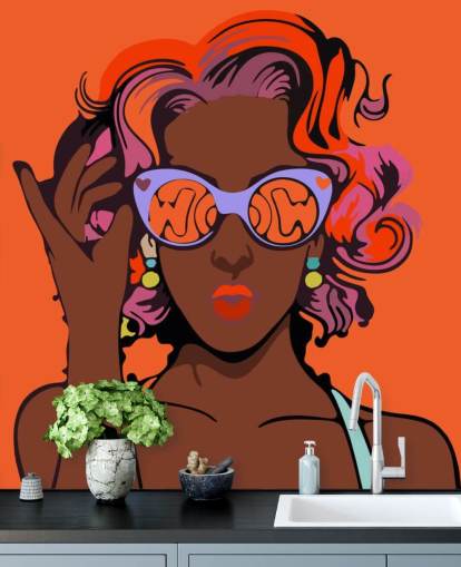 fondo naranja, hermosa dama negra con pelo morado y gafas de sol papel pintado pop art fondo naranja, hermosa dama negra con pelo morado y gafas de sol papel pintado pop art