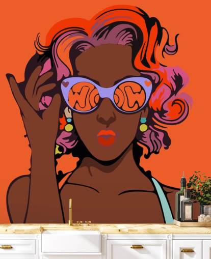 orange background, beautiful black lady with purple hair and sunglasses pop art wallpaper