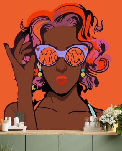 orange background, beautiful black lady with purple hair and sunglasses pop art wallpaper