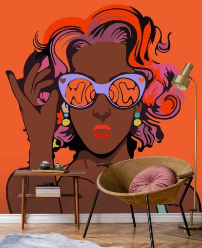 fondo naranja, hermosa dama negra con pelo morado y gafas de sol papel pintado pop art fondo naranja, hermosa dama negra con pelo morado y gafas de sol papel pintado pop art