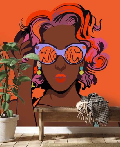 orange background, beautiful black lady with purple hair and sunglasses pop art wallpaper