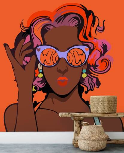 orange background, beautiful black lady with purple hair and sunglasses pop art wallpaper