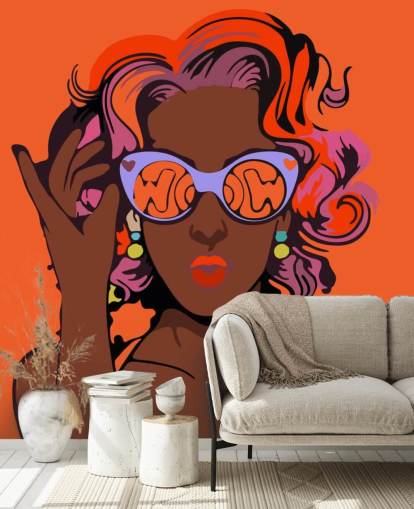 orange background, beautiful black lady with purple hair and sunglasses pop art wallpaper
