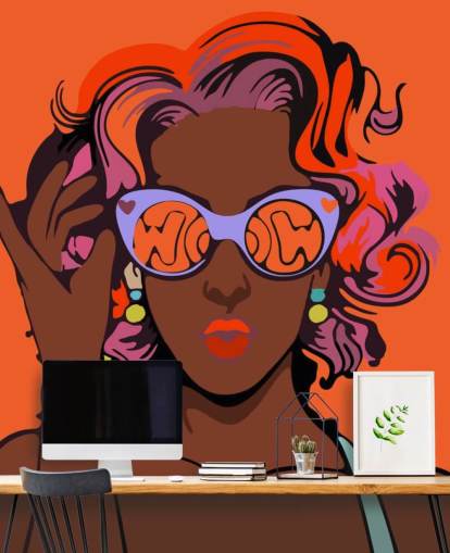 orange background, beautiful black lady with purple hair and sunglasses pop art wallpaper