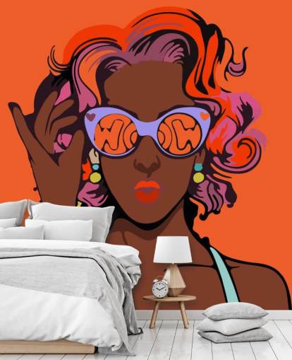 orange background, beautiful black lady with purple hair and sunglasses pop art wallpaper
