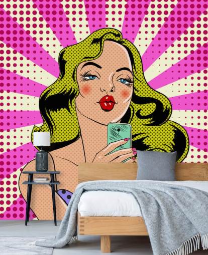 blond lady holding a phone and pouting pop art wallpaper