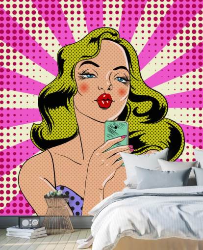 blond lady holding a phone and pouting pop art wallpaper