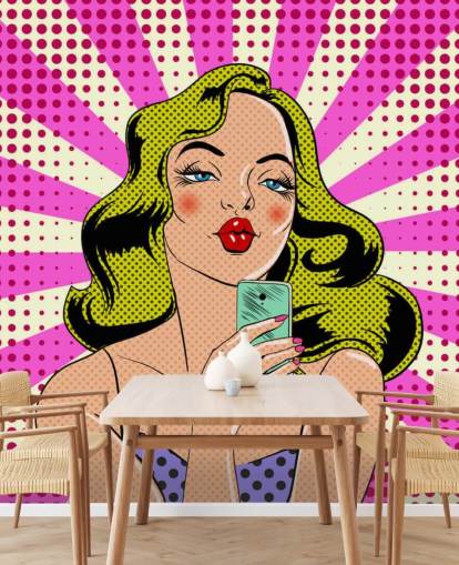 blond lady holding a phone and pouting pop art wallpaper