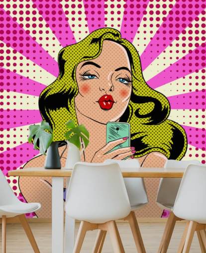 blonde lady holding a phone and pouting pop art wallpaper