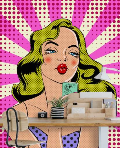 blond dame, der holder en telefon og pudser pop art tapet