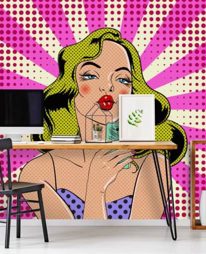 blond lady holding a phone and pouting pop art wallpaper
