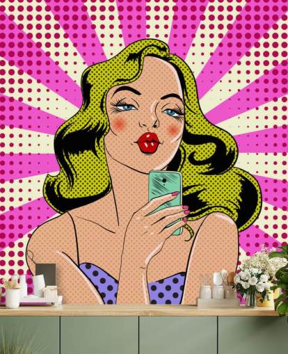blond lady holding a phone and pouting pop art wallpaper blond lady holding a phone and pouting pop art wallpaper